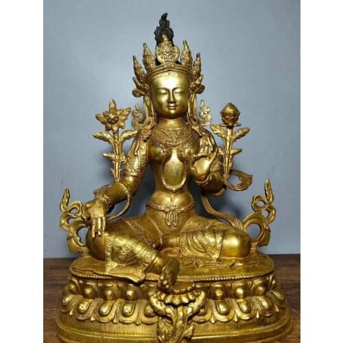 20" Tibet Buddhism Bronze Gilt Green Tara Mahayana Kwan-yin Budhha Statue