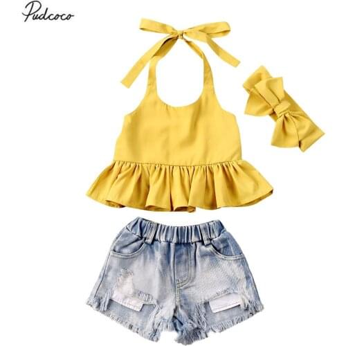 2020 Fashion 3Pcs Toddler Kid Baby Girl Clothes Strap Halter Top Yellwo Vest Holey Denim Shorts Headband Summer Outfit Set