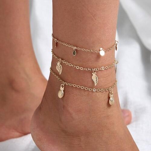 3 PCS/SET Bohemian Pineapple Bell Anklet Set Fashion Handmade Ankle Bracelet for Women Summer Foot Chain Beach Barefoot Jewelry