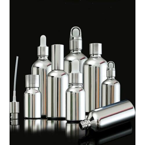 5ml 10ml 15ml 20ml 30ml 50ml 50pcs electroplated silver glass essential oil empty bottle perfume spray lotion bottle dropper