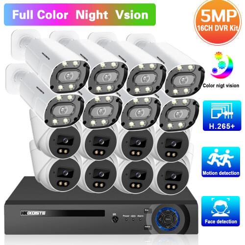 5MP Video Surveillance Cameras Kit 16ch Outdoor Full Color Night Vision CCTV DVR Home Security Camera System 16 Channel DVR Set