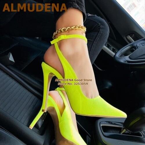 ALMUDENA Neon Yellow Suede Pointed Toe Heels Slingback Buckle Strap Gladiator Dress Pumps Women Elegant Wedding Shoes Size46