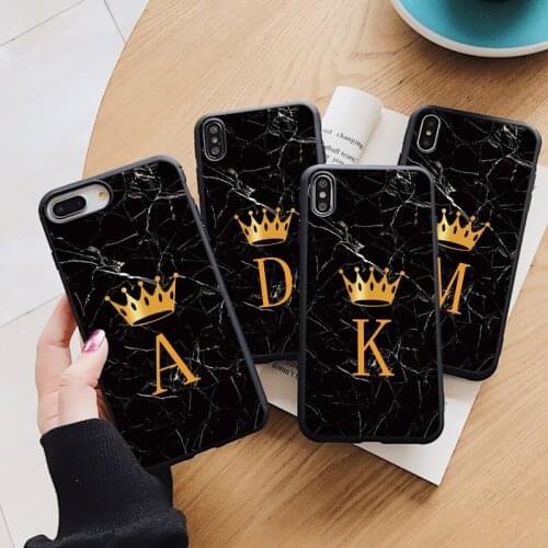 Marble Initial Letter Crown Case Cover For Samsung Galaxy S21 S21+ S10 S20 FE S8 S9 Plus Ultra Black Silicone Phone Coque Cases
