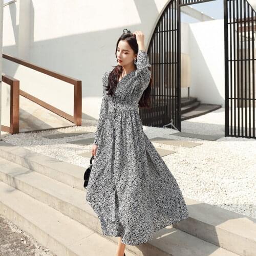Elegant women dress Summer long sleeve dress Button Dot A-Line Chiffon Sexy V-Neck fashion korean vintage dresses Plus Size 2XL