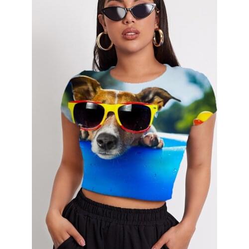 3d Tshirt Dog T shirt Women Animal Shirt Print Hip Hop Navel Bare Harajuku Funny T shirts Womens Clothing Summer Short Slim