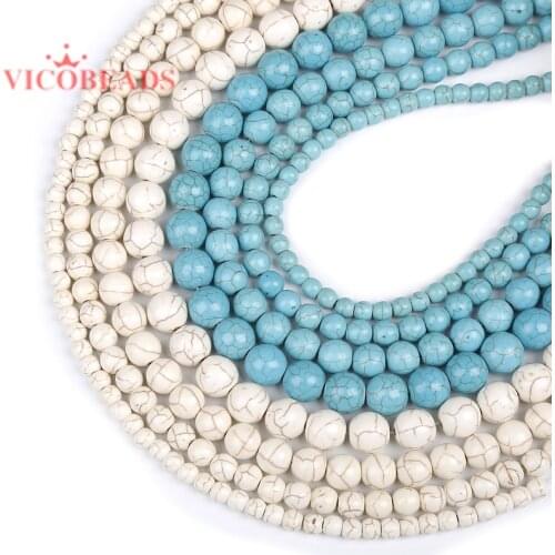 Smooth Natural Blue white Turquoises Round Loose Beads 15" Strand 4 6 8 10 12 MM Pick Size For Jewelry Making