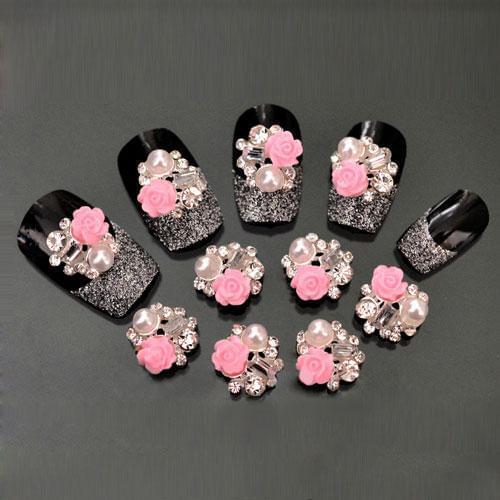 HOT SALE!!! 10Pcs Pink Rose Flower Faux Pearl Decor Glitter Rhinestone DIY Nail Art Stickers Nail Art Rhinestone Gems Decoration