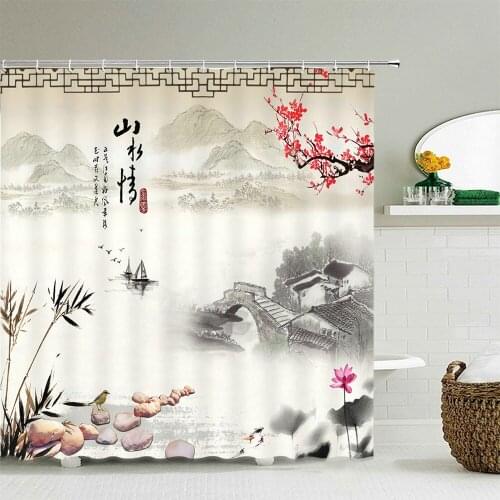 Chinese landscape Ink painting Shower Curtain Waterproof Bathroom Curtain High Quality Polyester Fabric Home Decor With 12 Hook
