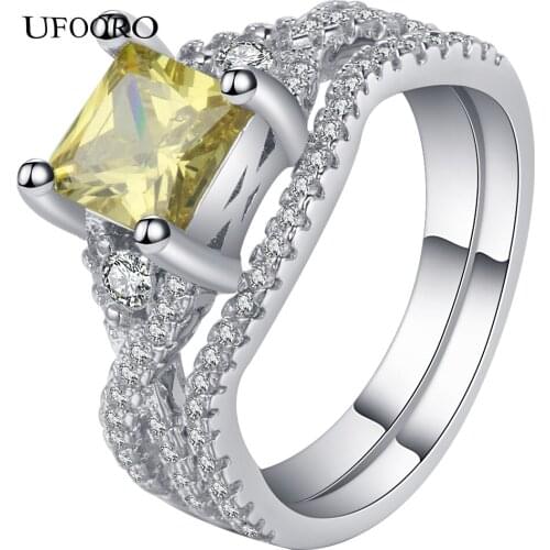 Rings Set for Women Silver Color Princess Cut Yellow Crystal CZ Pave Engagement Ring 2017 Wedding Jewelry Drop Shipping