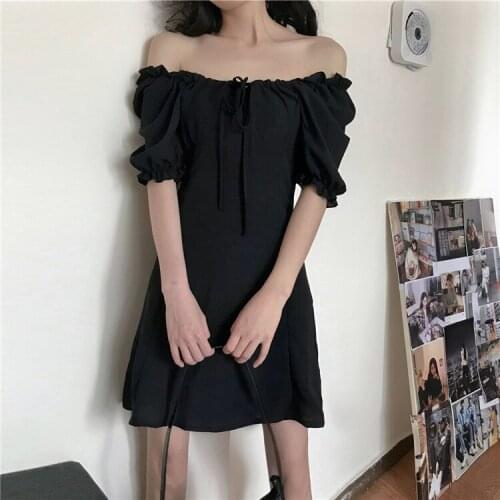 Summer Slash Neck High Waist Women Puff Sleeve Dresses Gothic Solid Black Lady Elegant Mini Dress Draw String Bust Basic Clothes