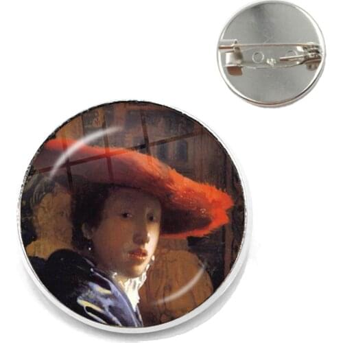 Fashion Silver Color Punk Style Brooches Vermeer Oil Painting Girl Wearing Pearl 20mm/25mm Glass Cabochon Collar Pins Badge Gift