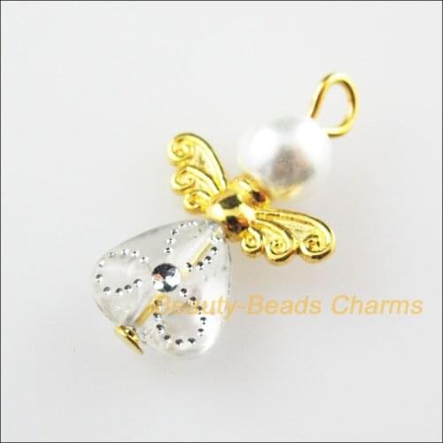 Fashion 20 New Charms White Heart Dancing Angel Gold Color Wings Pendants 14x22mm