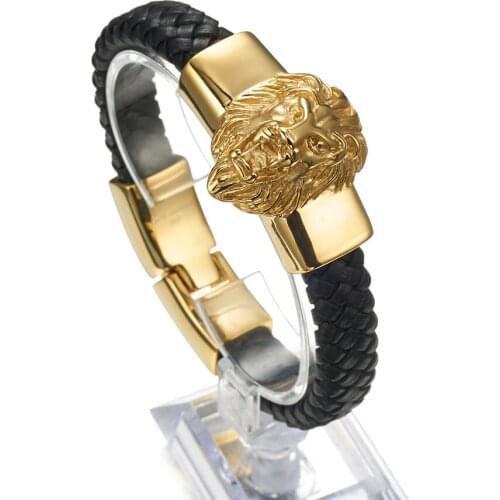Hip Hop Boy Bracelet Stainless Steel Lion Head Design Black Leather Braids Texture Attractive Men Accessories Wholesale Hot Sale