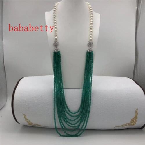 NEW hot sell 9 -10 mm Potato white freshwater pearl necklace green multilayer long sweater chain fashion jewelry 30inches