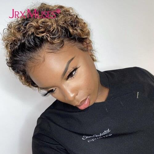 Ombre Blonde Short Curly Pixie Cut Human Hair Wigs for Women Peruvian Curly Bob T Part Lace Wigs Pre plucked 180% Density