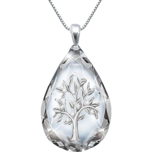 Transparent Crystal Waterdrop Shape Life Tree Pendant Necklace for Women Fashion Party Jewelry Necklace Gifts