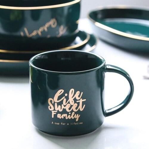 Simple and Light Luxury Green Gold English Mug Nordic Drawing Phnom Penh Hand-painted Ceramic Water Cup Couple Gift