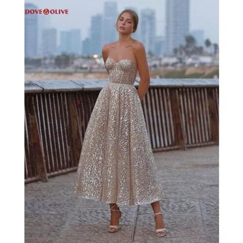 Gorgeous Sparkle Prom Dresses 2021 Bling Tea Length Sequined A Line Sweetheart Strapless Formal Party Evening Gowns Simple