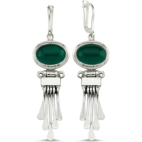 Silverlina Silver Green Agate Gemstone Dangle Hand Handwork Earrings