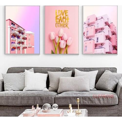 Modern Nordic Decoration Home Art Poster Pink Flower Building Canvas Paining Romantic Landscape Wall Pictures For Girls Room