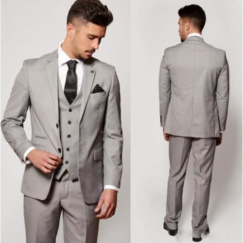 Light Grey Wedding Tuxedos Three Pieces Men Wedding Suits Custom Made Latest Coat Pant Designs Groom Tuxedo Formal Business Wear