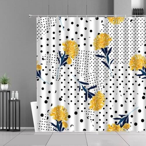 Yellow Flowers Wave Point Shower Curtains Green Plant Leaves Floral Waterproof Bath Curtain Simple Nordic Hoom Decor Girls Gifts