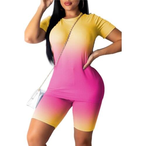 Women Fashion Casual Spring Summer Outfit Tie Dye Workout Set Round Neck Short-Sleeve T-Shirt High Waist Gym Sports Shorts