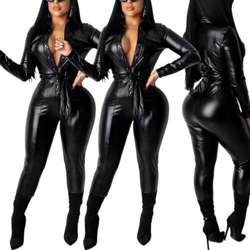 Ladies Womens Motorcycle Black PU Leather Jumpsuit Women Skin Tight Belt Playsuit Outfit