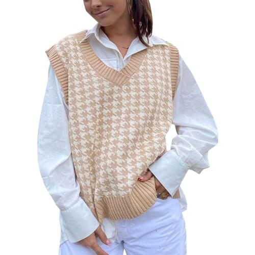 Women’s Autumn Plaid Pattern Knitted Vest Fashion V-neck Loose Sleeveless Bottoming Top