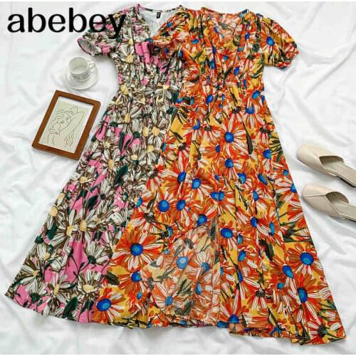 2021 New Summer Women Fashion All-match V-neck print Dress high waist slim mid length split Dress