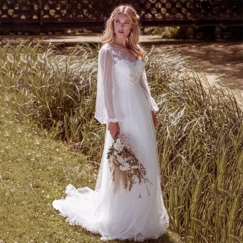 Boho 2021 Long Sleeves Wedding Dress A Line Sheer Neck Appliques Tulle Country Bridal Gowns Vestidos De Fiesta
