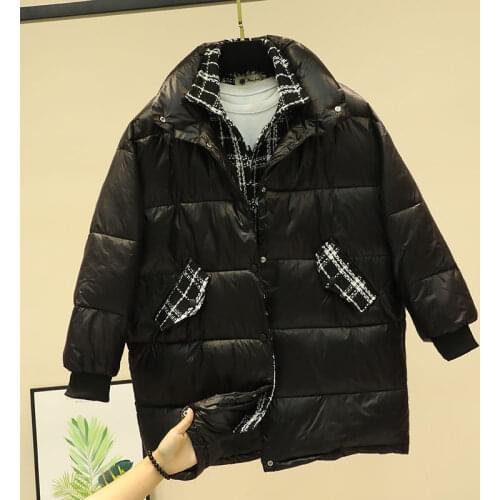 2021 Winter New Tweed Plaid Stitching Cotton Padded Coat Womens Mid-length Black Single Breasted Loose Thick Bread Jacket