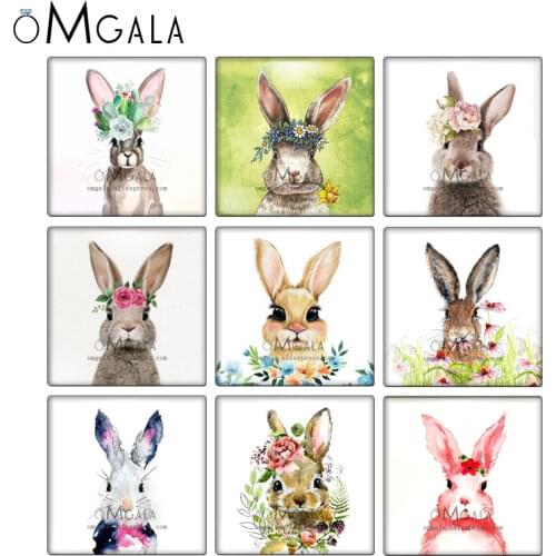 Lovely Rabbit Bunny With Flower Paintings 10pcs mixed 12mm/20mm/25mm/30mm photo glass cabochon demo flat back Making findings