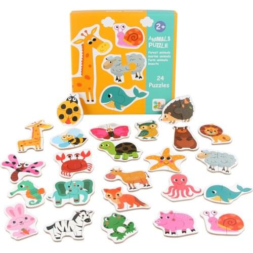 24Pcs Wooden puzzle for children Cartoon animals/fruit vegetables/vehicles 3 styles Montessori educational toys for kids