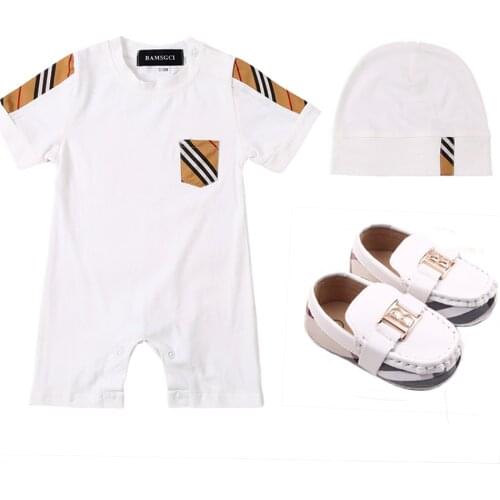 Summer fashion 3 pcs newborn baby clothes Plaid stripes cotton short-sleeved boys girls romper and shoes hat bibs matching Sets