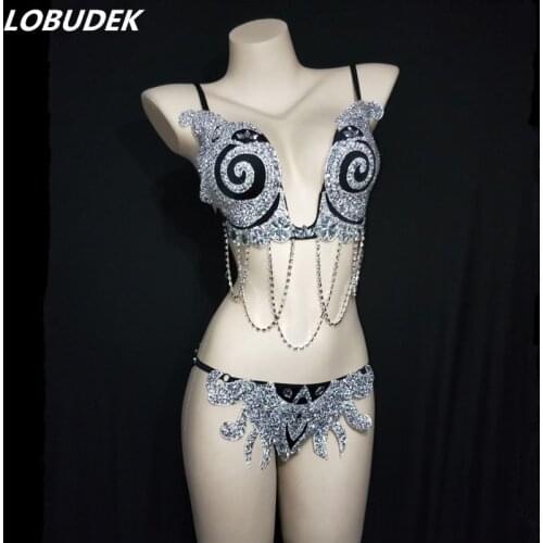Bar Club Party Show DJ Pole Dancing Costume Women Model Catwalk Rhinestones Chain Bikini Set Nightclub Dancer Team Sexy Costume