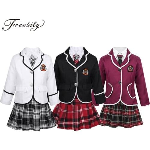 Kids Teens Japanese Anime Cosplay Students Costume Girls British Style School Uniform Coat with Shirt Tie Mini Skirt Set