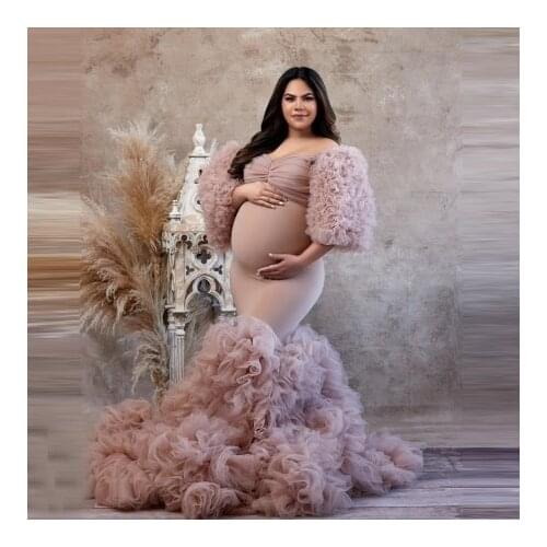 Elegant Mermaid Pregnancy Dresses For Photo Shoot Plus Size Detachable Sleeves Ruffles Stretchy Tulle Flare Maternity Gown