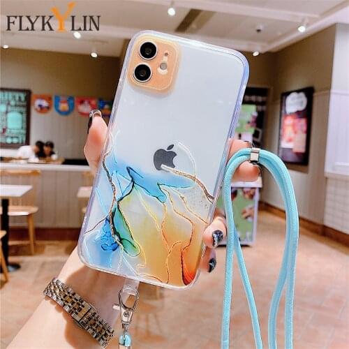 FLYKYLIN Watercolor Pink Marble Phone Case on For iPhone 11 Pro Max 12 Mini XR XS Max 7 8 Plus X Soft Silicone Cover With Straps