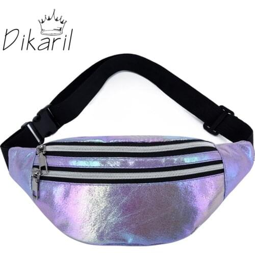 Dikaril 2021 Holographic Fanny Pack Hologram Waist Bag Laser PU Beach Traverl Hip Bum Zip Waistbags Women Belt Bags For Girls