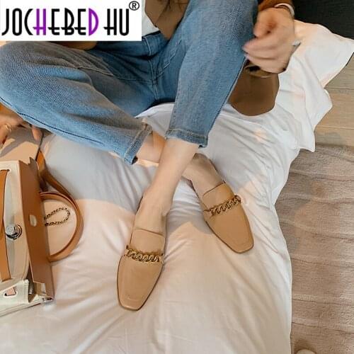 【JOCHEBED HU】Leather leather loafers for women Soft penny shoes Oxford shoes Handmade slippers with chain decoration for women