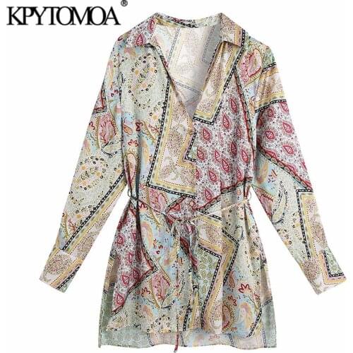 KPYTOMOA Women 2021 Fashion With Belt Printed Kaftan Blouses Vintage Long Sleeve Side Vents Female Shirts Chic Tops