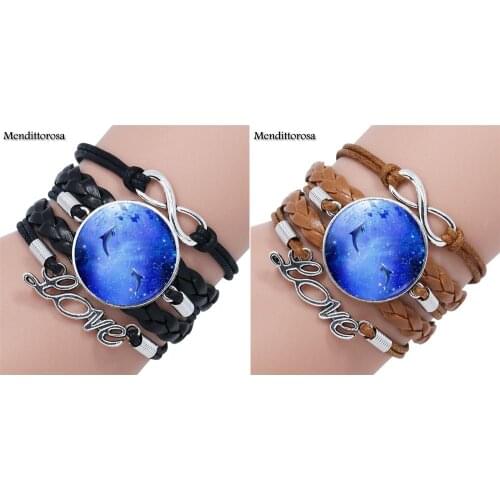 Mendittorosa Dolphin Glass Crystal Multilayer Black/Brown Leather Bracelet Bangle For Women Round Charm Jewelry Gifts Boy