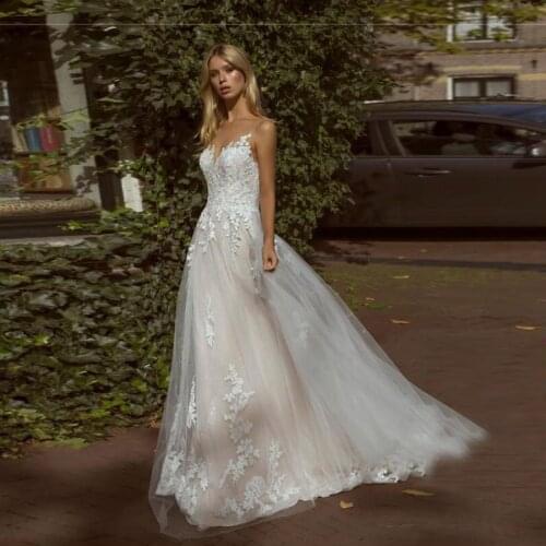 Fashion Illusion O-Neck Tulle Wedding Dress with Appliques Sexy Back