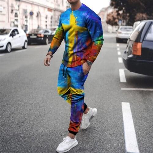 2021 New Digital Printing British Style Colorful Round Neck Long Sleeve T-shirt Casual Street Style Mens Sweatshirt Suit