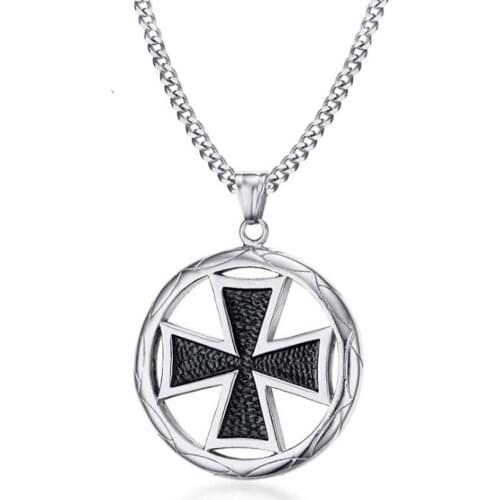 Stainless Steel Vintage Religious Black Oil Drop Cross Mens Punk Rock Heavy Round Pendant Necklace Jewelry Gift For Him
