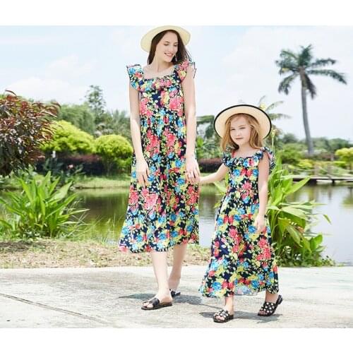 Mom and Daughter Family Casual Clothes Outfit Parent-Child Floral Print Dresses Matching Summer Fashion Dress Costume
