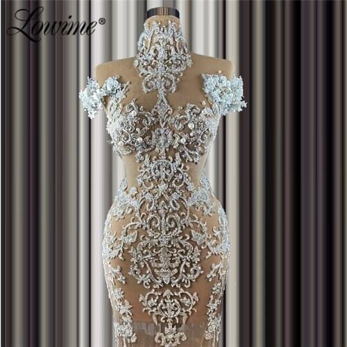 Sexy See Through Crystals Evening Gowns Robes 2021 Newest Illusion Beaded Party Dress Saudi Arabic Long Prom Dresses Celebrity