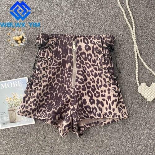 High waist Denim Shorts Women Bandage Zipper Fashion Leopard Print Loose Shorts Summer Vintage Package Hip Wide leg Short Jeans