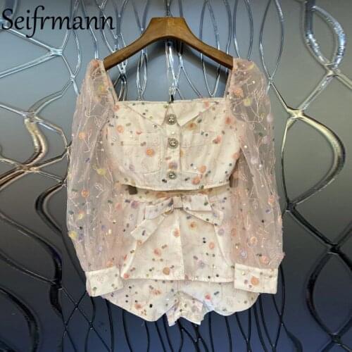 Seifrmann New 2021 Summer Women Fashion Runway Shorts Set Lantern Sleeve Short Tops + Bow Beading Printed Shorts 2 Pieces Suits